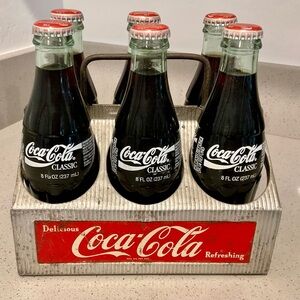 Coca-Cola Classic Glass Bottles with metal 60's six pack holder